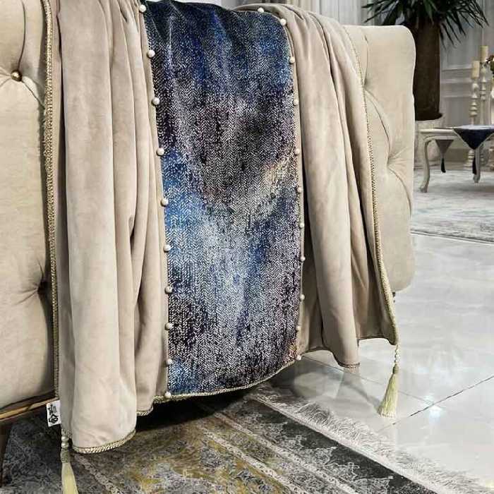 شال مبل طرح مروارید مخمل کرم نسکافه و سرمه ای بنفش کهکشان