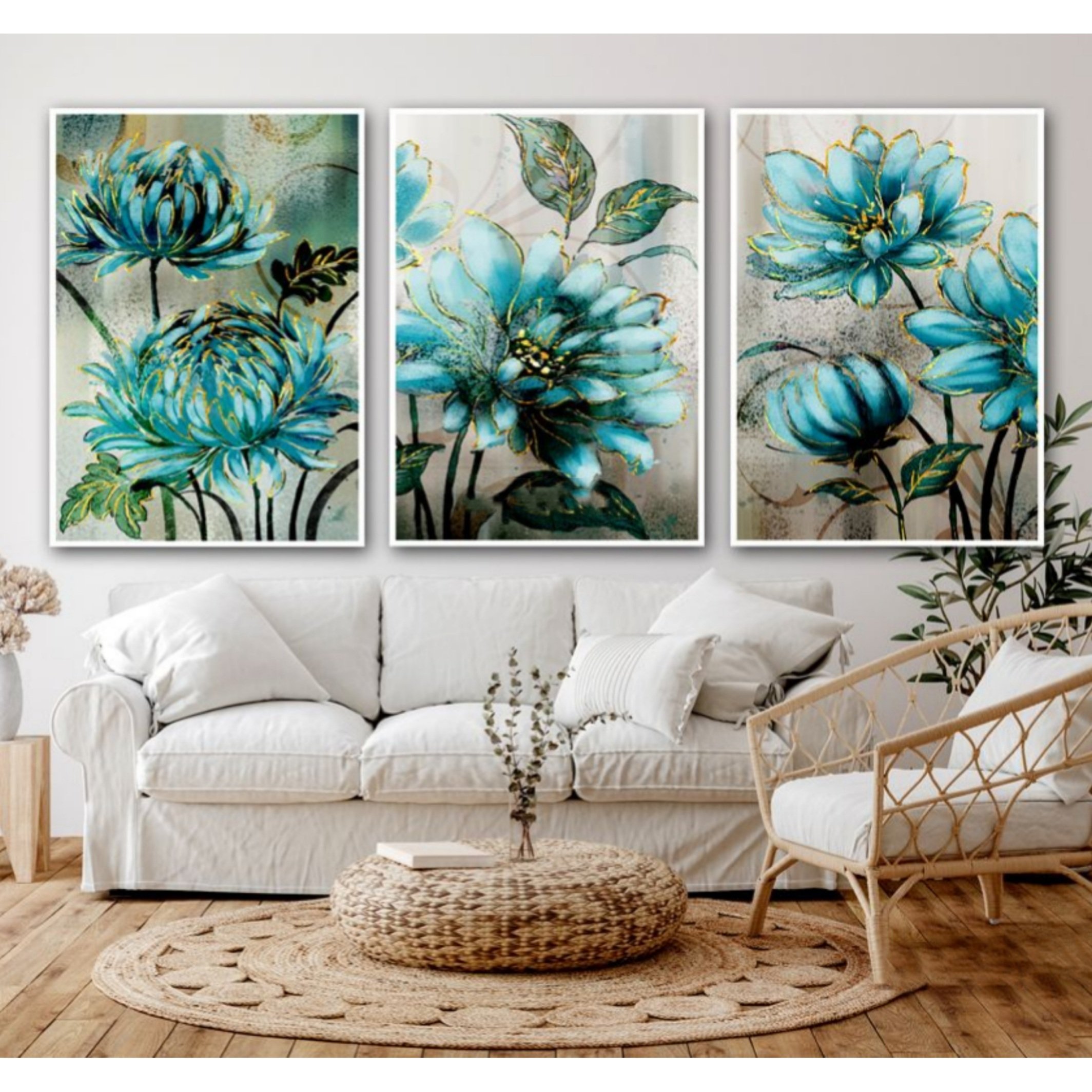 تابلو دکوراتیو 3تیکه طرح گل های آبی