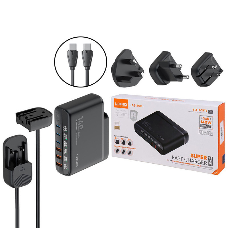شارژر دیواری 140 وات الدینیو A6140C GaN QC5.0 PD 5A   کابل تبدیل تایپ سی و تبدیل برق