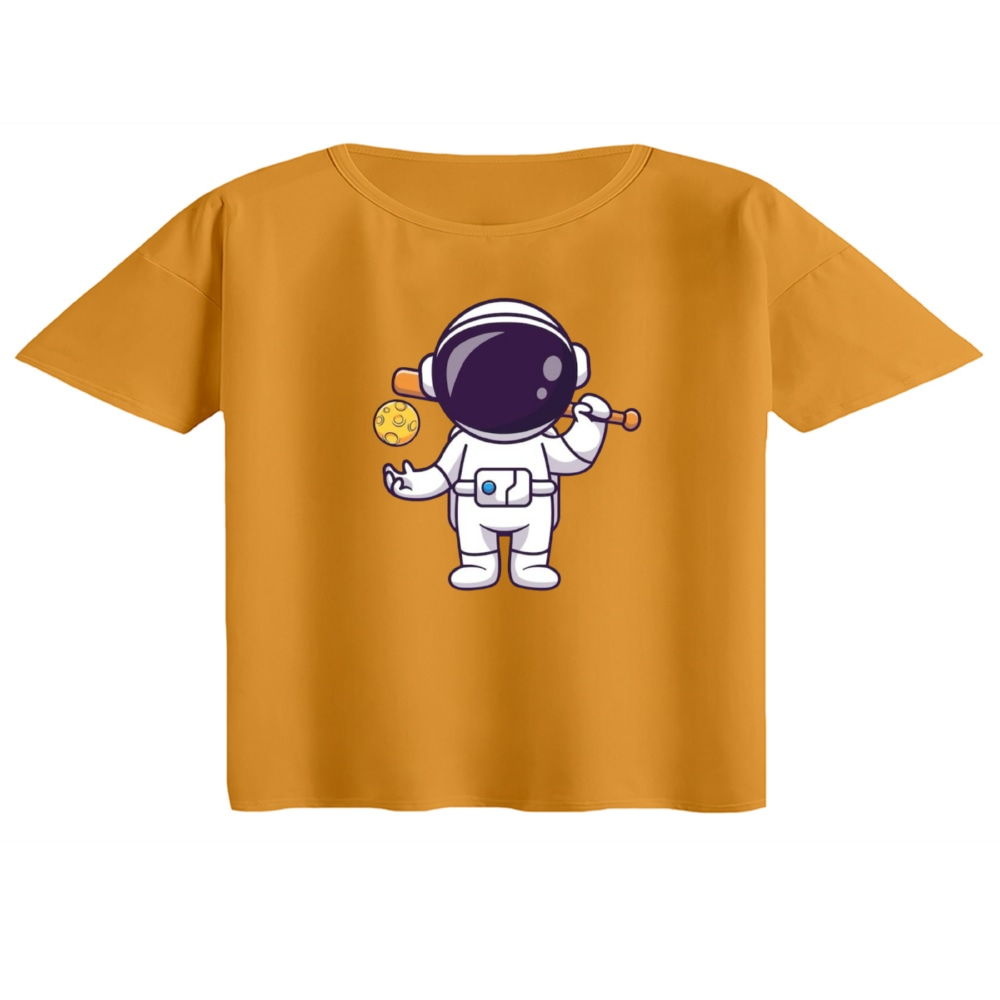 کراپ تی‌شرت آستین کوتاه زنانه مدل فضانورد کد 3 رنگ پرتقالی