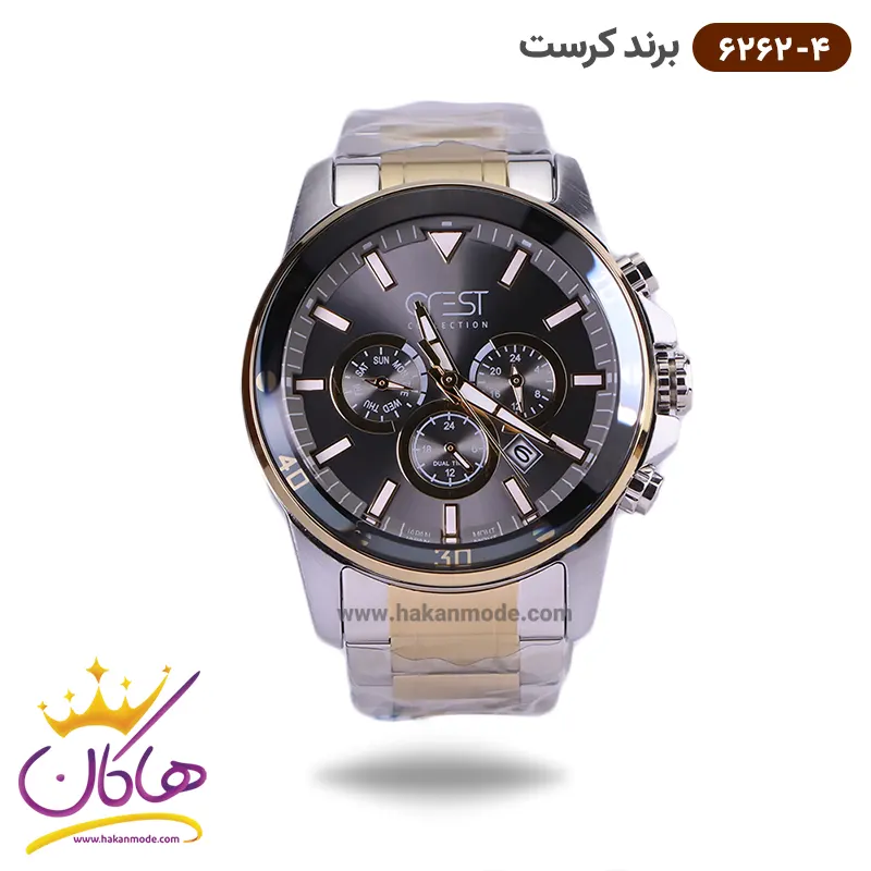 ساعت کرست مردانه فلزی صفحه مشکی دو زمانه مدل crest 6262/4
