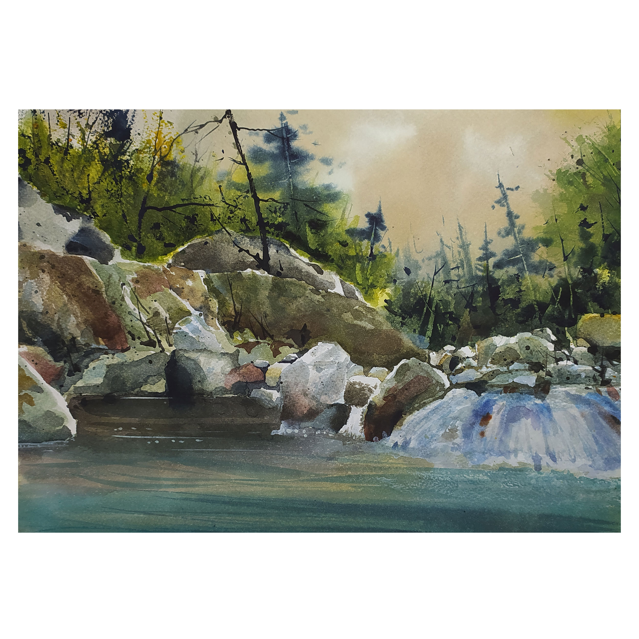 نقاشی آبرنگ طرح رودخانه جنگلی کد 9