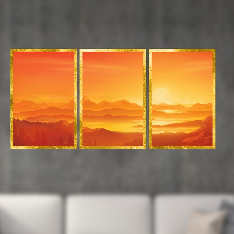 تابلو بکلیت طرح منظره غروب آفتاب و کوهستان مدل T-S4917 مجموعه 3 عددی | دنیای قاب