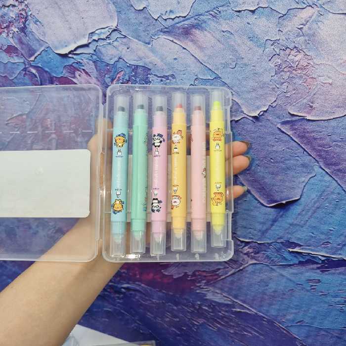 ماژیک هایلایتر طرح عروسکی 6 رنگ فسفری پاستلی دو سر پاک شونده پاک کن دار