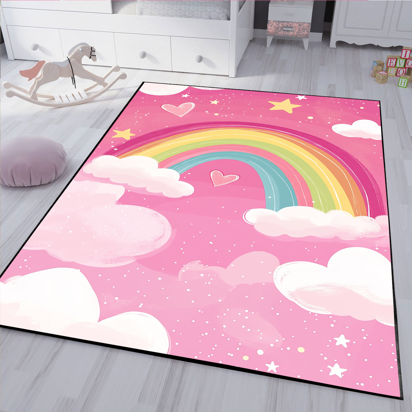 فرش چاپی اتاق نوزاد دختر طرح رنگین کمان با زمینه صورتی HQ-3291