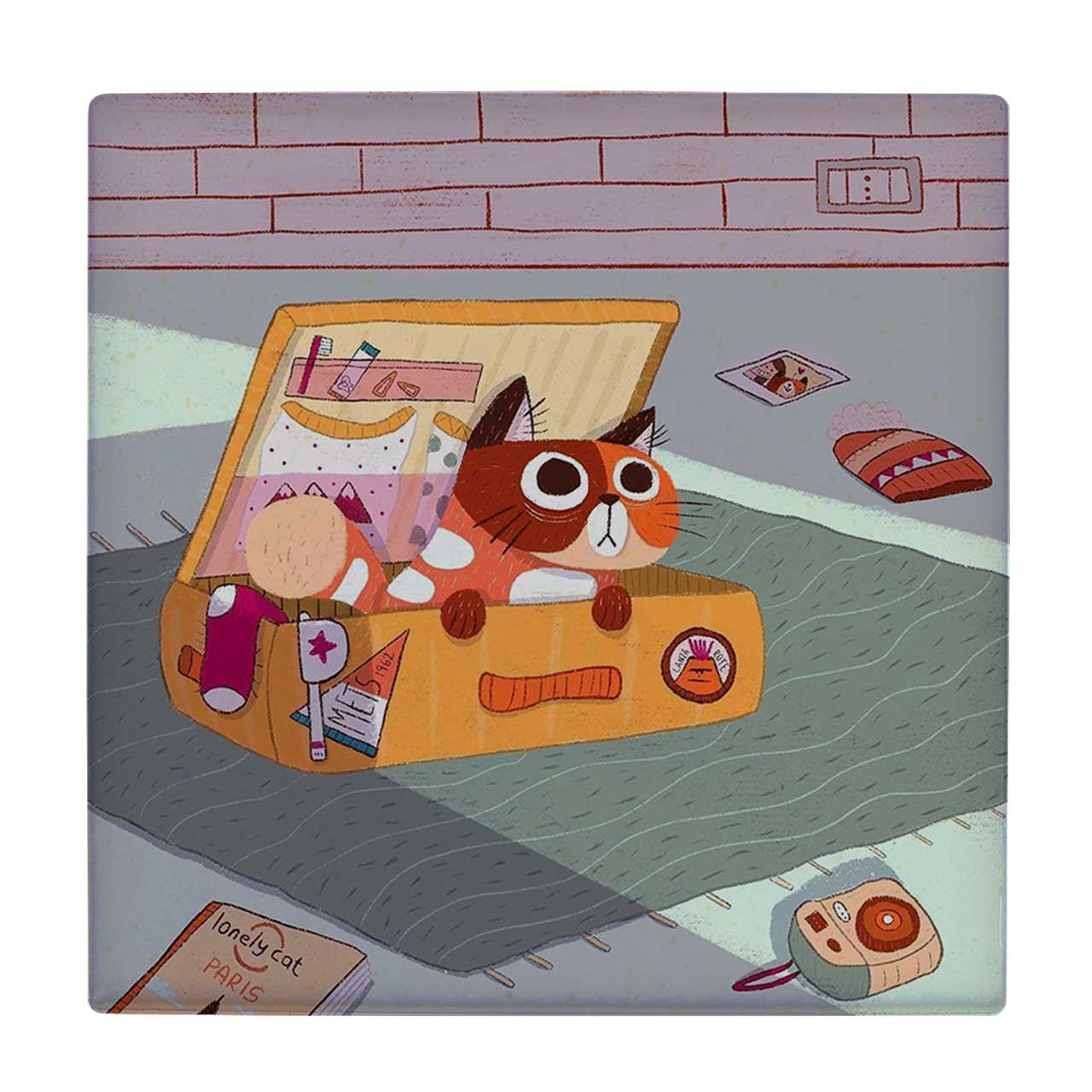 کاشی کارنیلا طرح نقاشی گربه و چمدان کد wkk2093