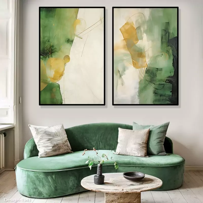 تابلو دکوراتیو  ابستره سبز طلایی سفید دوتیکه  منظم | دنیای قاب