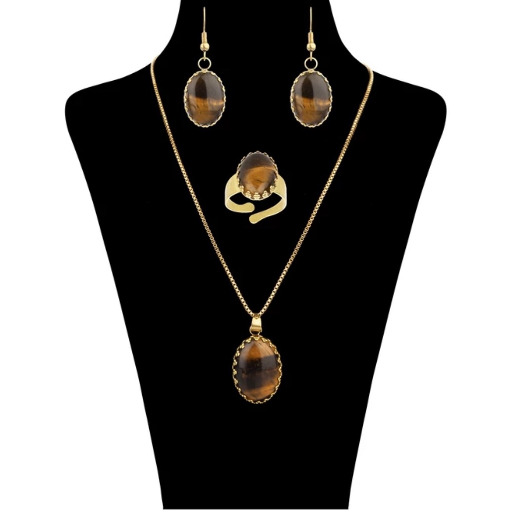 نیم ست سنگ چشم ببر اصل با زنجیر استیل