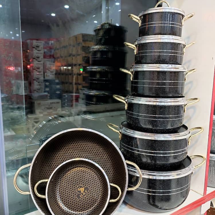 سرویس قابلمه 14 پارچه دسته طلایی ارسال رایگان  داخل زنبوری  هلنا 