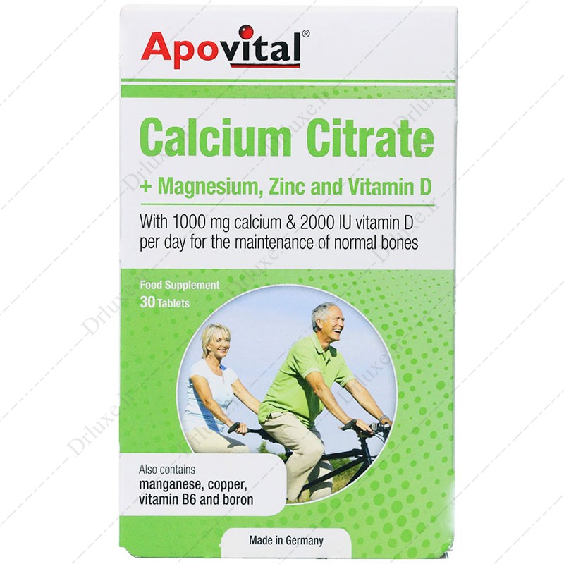 مشخصات، قیمت و خرید قرص کلسیم سیترات همراه با منیزیم و زینک و ویتامین د آپوویتال 30 عددی - دکتر لوکس