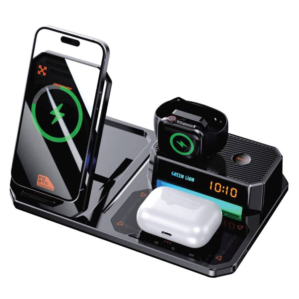 شارژر وایرلس 6 کاره گرین لاین 15 وات مدل Green Lion 6 in 1 Multifunctional Wireless Charger 15W GN6IN1MFWCBK