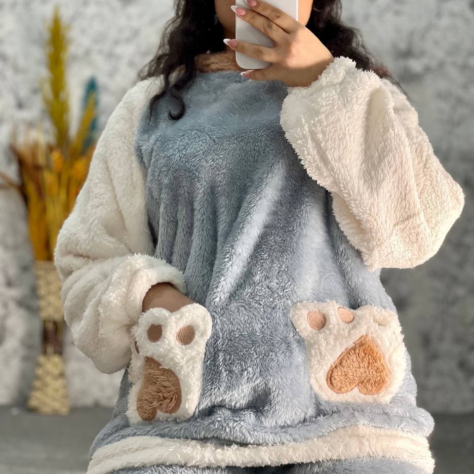 ست دو تیکه حوله ای زمستانه طرح ابی