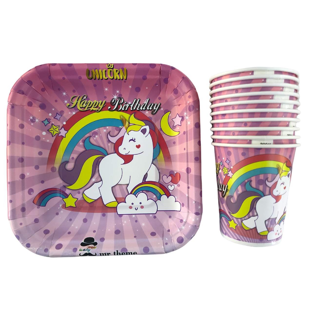 پیش دستی و لیوان یکبارمصرف مسترتم طرح یونیکورن پلاس بسته 20 عددی