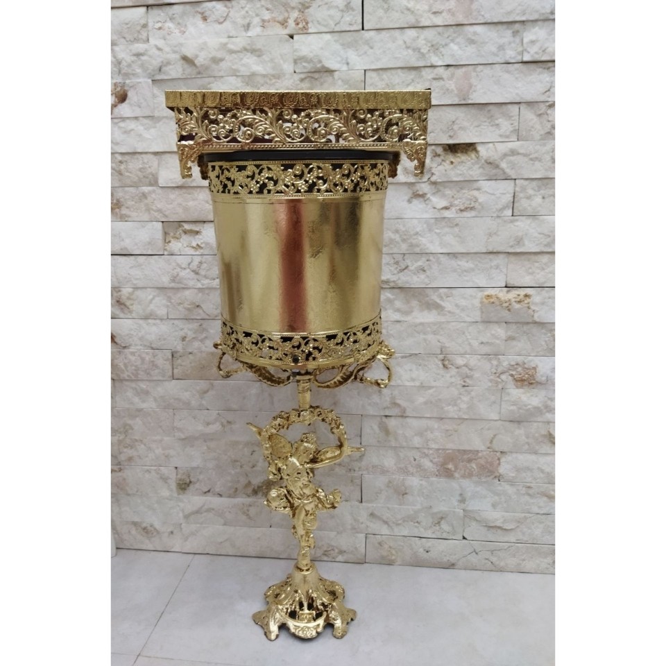 سطل زباله آشغال پایه دار وجادستمالی طلایی سایز متوسط