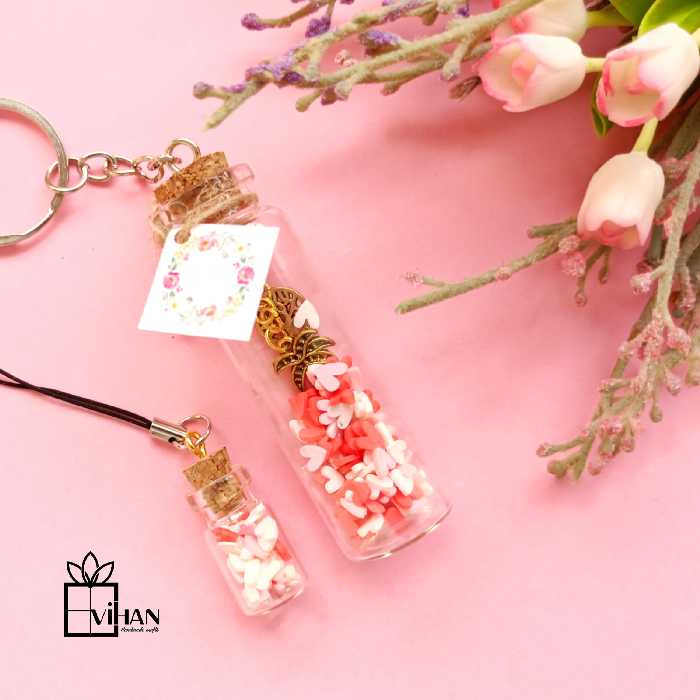 جاکلیدی و آویز موبایل شیشه ای مینیاتوری با قلب های فیمویی