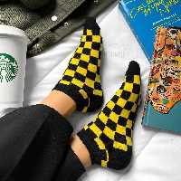 جوراب مچی طرح شطرنجی زرد مشکی فری سایز نخ پنبه