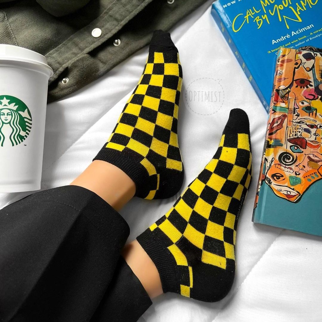 جوراب مچی طرح شطرنجی زرد مشکی فری سایز نخ پنبه