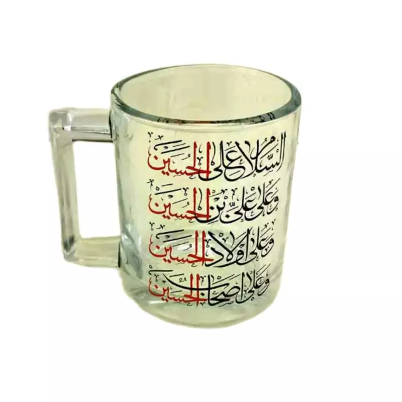 102910-لیوان مذهبی شیشه ای دسته دار استوانه ای شفاف طرح چهار سلام مشکی و قرمز-6تایی