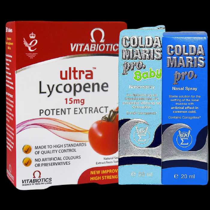 پکیج اولترا لیکوپن ویتابیوتیکس و اسپری بینی پرو و اسپری بینی بی بی کلدا ماریس