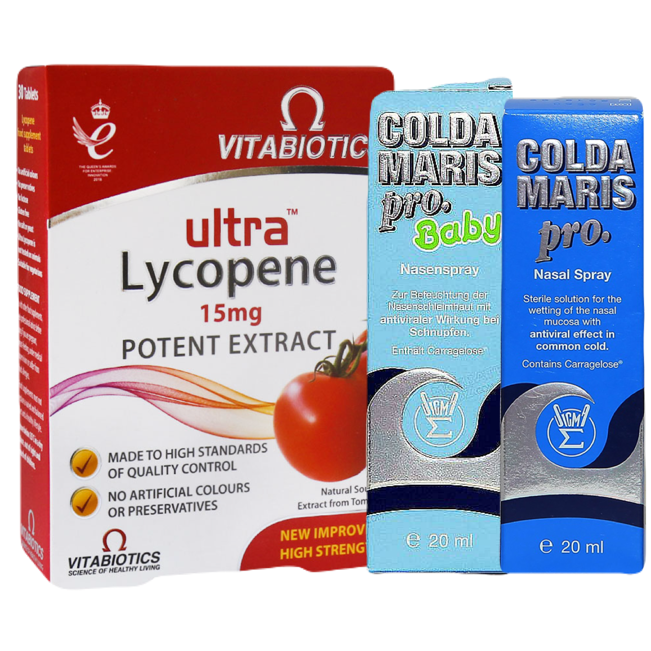 پکیج اولترا لیکوپن ویتابیوتیکس و اسپری بینی پرو و اسپری بینی بی بی کلدا ماریس