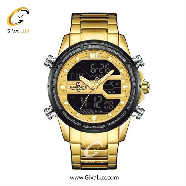 ساعت مردانه نیوی فورس دوزمانه بندفلزی مشکی مدل nf9146 G/W/G
