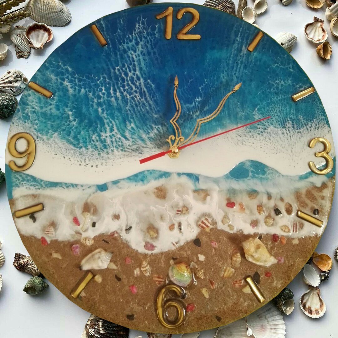 ساعت رزین طرح موج و ساحل دریا دیواری برجسته با قطر 30 سانت