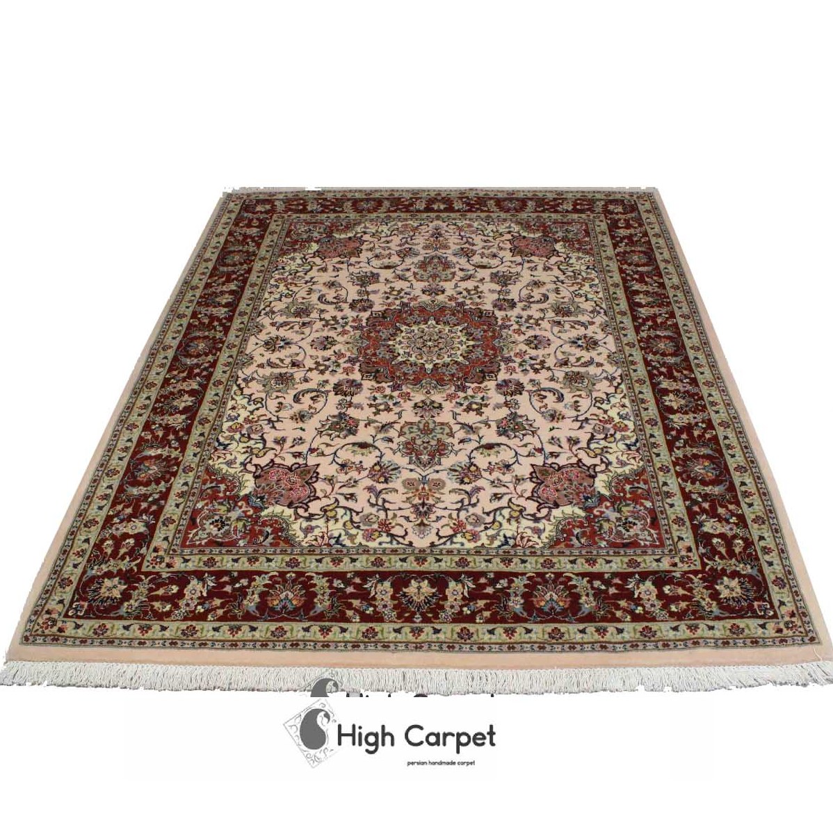 فرش دستبافت  گلبهی یا صورتی رنگ ترنجی 4 متری  مشهد گل ابریشم  کد 4019