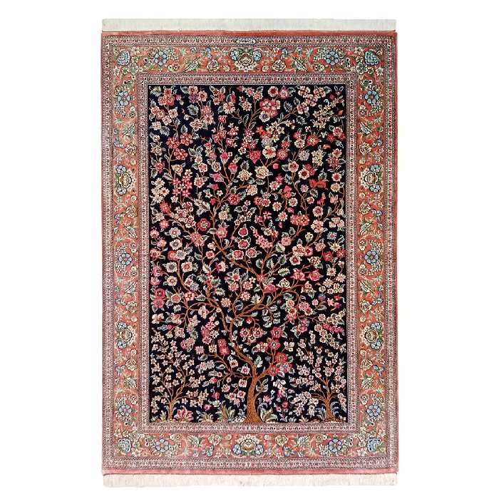 فرش دستباف ذرع و نیم مدل درختی تمام ابریشم قم کد YMM36-20