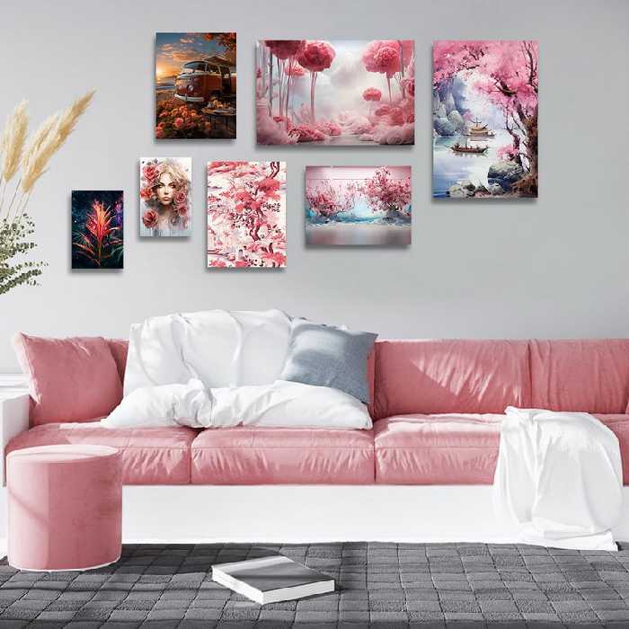 تابلو شاسی دنیای قابطرح نقاشی دکوراتیو شکوفه های بهاری مدل SH-1361 مجموعه 7 عددی | دنیای قاب