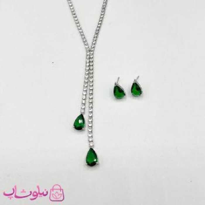 نیم ست زنانه تنیسی آویز بلند طرح کریستال اشکی سبز کد 600
