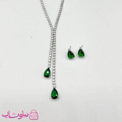 نیم ست زنانه تنیسی آویز بلند طرح کریستال اشکی سبز کد 600