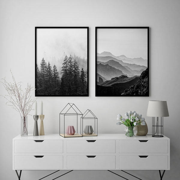 تابلو دکوراتیو طرح کوه و جنگل مه الود  کد T110821 مجموعه 2 عددی