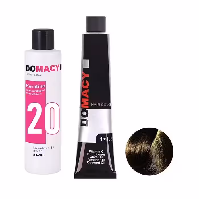 رنگ مو دوماسی سری طبیعی شماره 6.00 حجم 120 میلی لیتر رنگ بلوند تیره به همراه اکسیدان دوماسی مدل 01 شش درصدی حجم 180 میلی لیتر