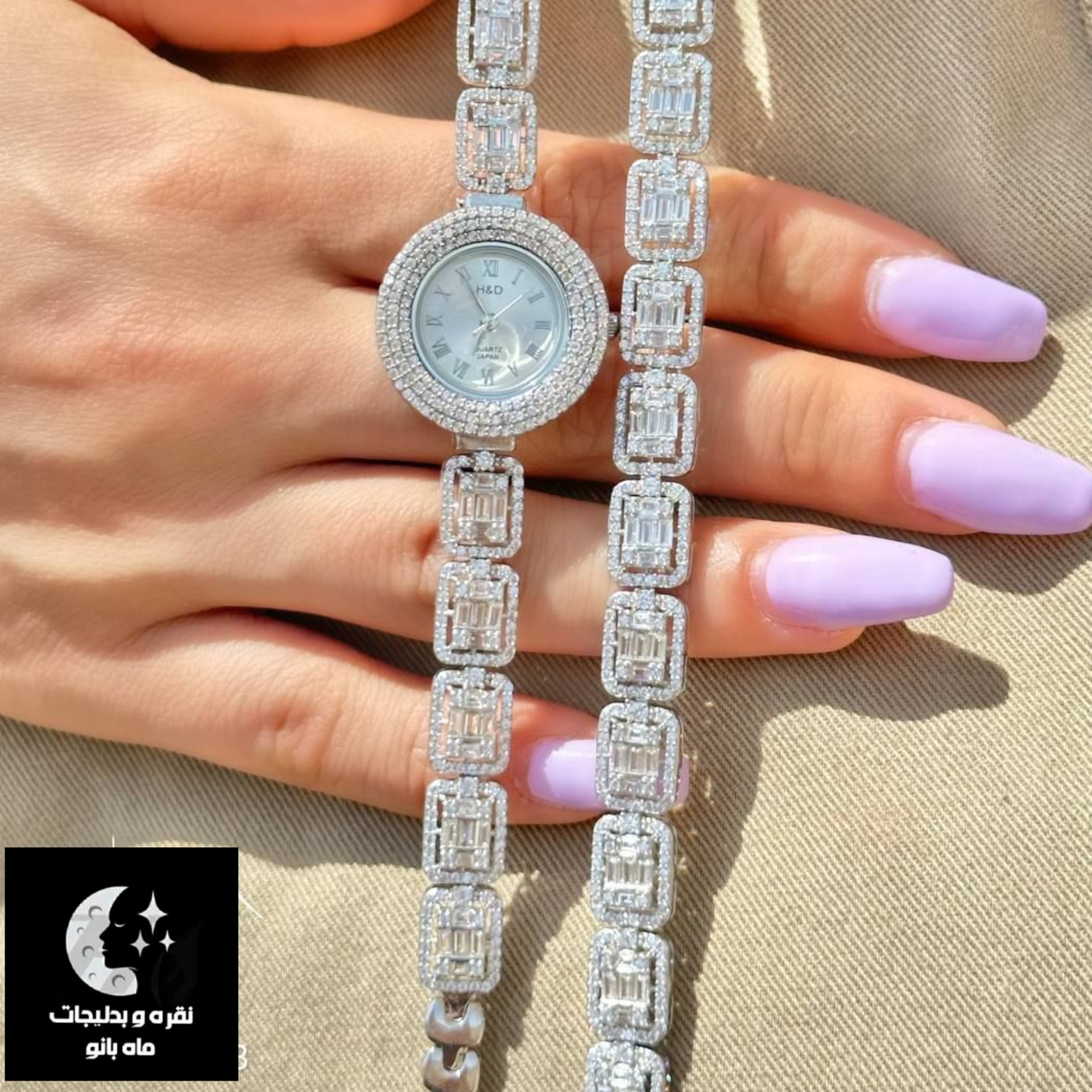 ست ساعت و دستبند نقره زنانه امرالد عیار 925 آبکاری طلا سفید ضد حساسیت