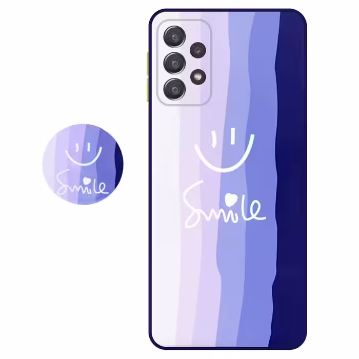 کاور سه بعدی رینبو تم آبی Rainbow Blue Theme مناسب برای گوشی Samsung Galaxy A72 5G / 4G مدل دکمه رنگی محافظ لنزدار به همراه پاپ سوکت طرح رنگین کمانی زنانه و مردانه