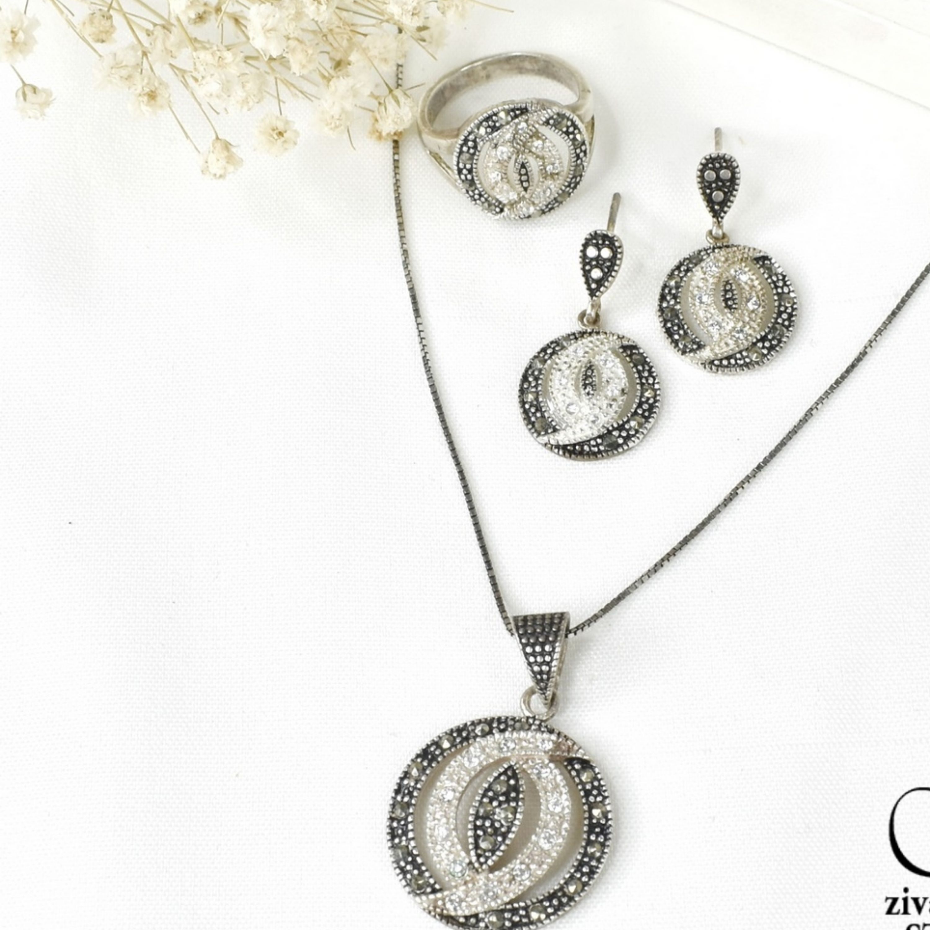 نیم ست نقره سیاه قلم دورنگ عیار925 نقره ایتالیا کد6637