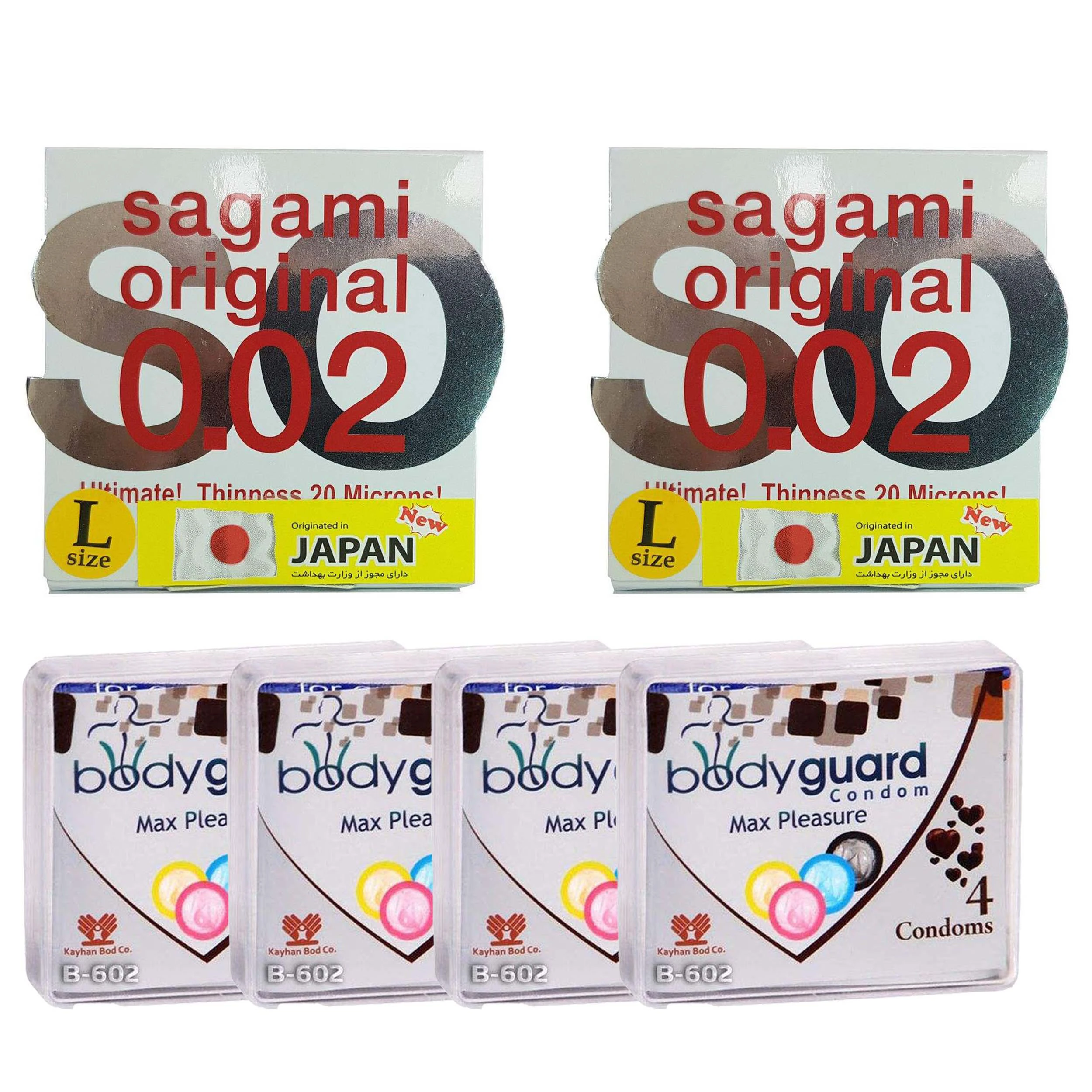 کاندوم ساگامی مدل لارج مجموعه 2 عددی به همراه کاندوم بادی گارد مدل مکس پلژر مجموعه 4 عددی