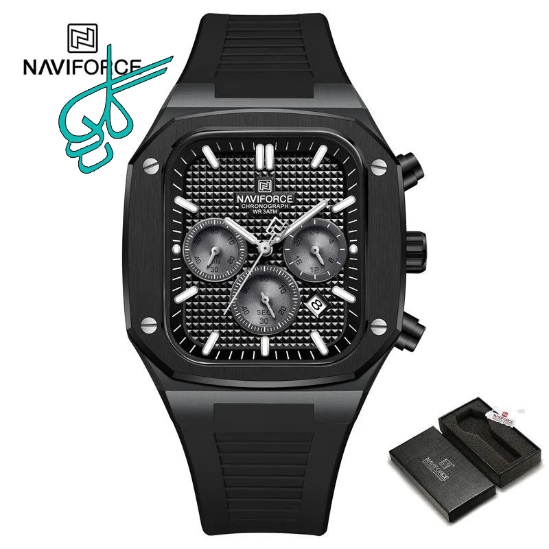 خرید ساعت مردانه نیوی فورس Naviforce ضدآب سه موتوره فعال استیل درجه یک تقویم دار حک مارک روی قفل همراه با جعبه و پاکت اورجینال نیوی فورس کد 1920630 - ردگل