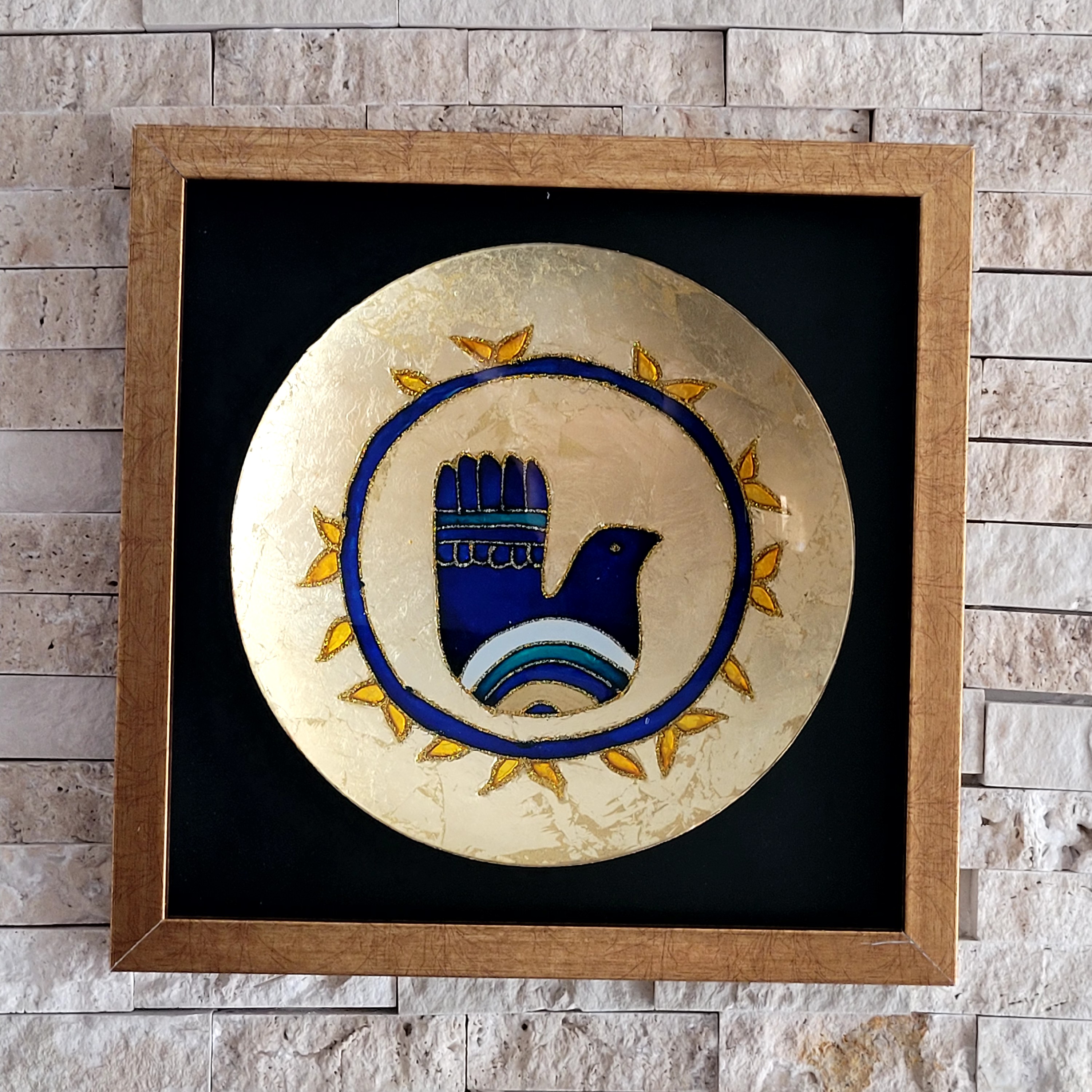 تابلو  ویترای طرح مرغ آمین با قاب پروفیل طلایی ابعاد 25در 25