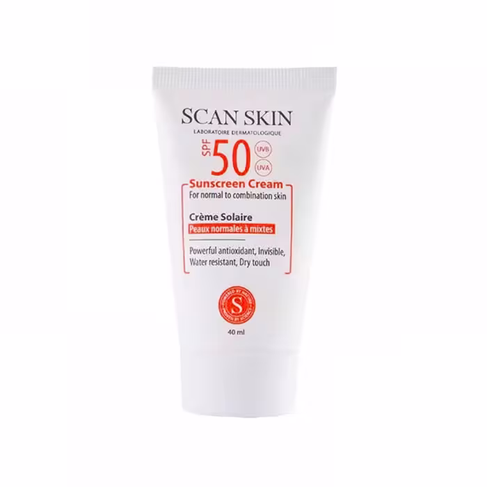 کرم ضد آفتاب بی رنگ اسکن اسکین مدل SPF50 مناسب پوست های معمولی و مختلط حجم 40 میلی لیتر