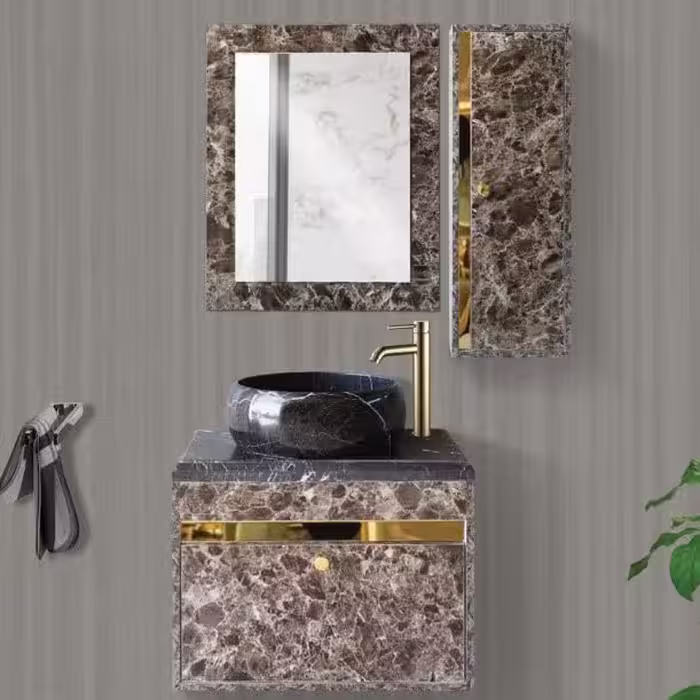 روشویی کابینتی مدل 2043 تمام پی وی سی طرح سنگ ابعاد 40*60 آینه 60*75 باکس 80*30 صفحه و کاسه سنگی ارسال به سراسر ایران