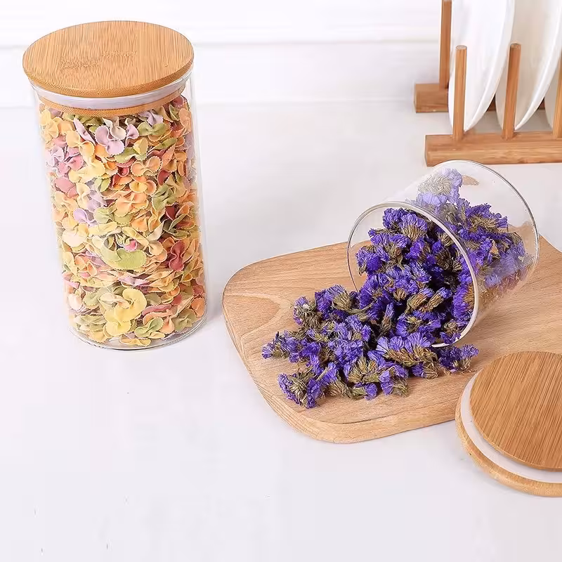 بانکه شیشه ای استوانه در چوبی سایز 0 - شیشه ماکارانی با درب چوبی واشردار قابل شستشو
