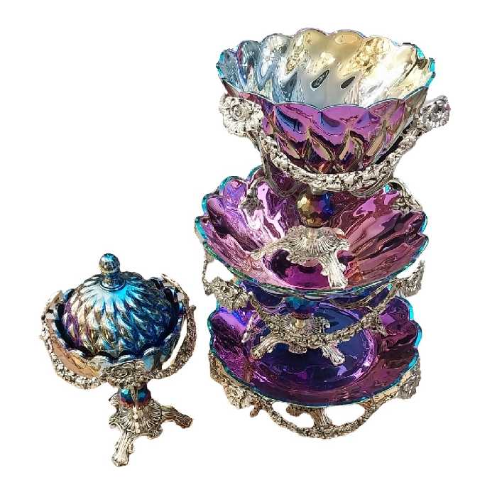 سرویس 4 تکه میوه و شیرنی و اجیل و شکلات خوری برنز کریستال هفت رنگ