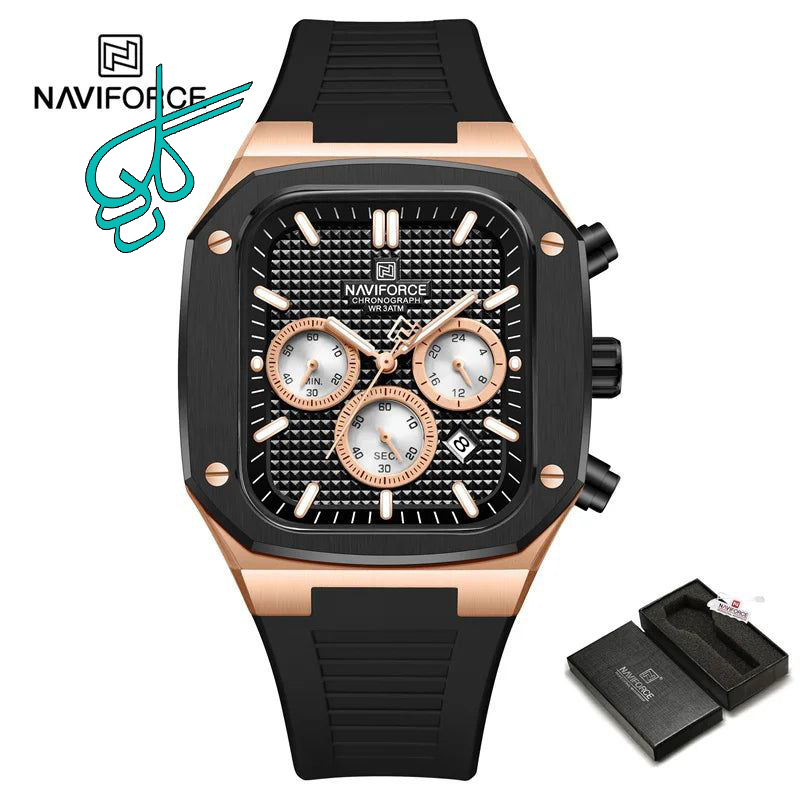 خرید ساعت مردانه نیوی فورس Naviforce ضدآب سه موتوره فعال استیل درجه یک تقویم دار حک مارک روی قفل همراه با جعبه و پاکت اورجینال نیوی فورس کد 1920629 - ردگل