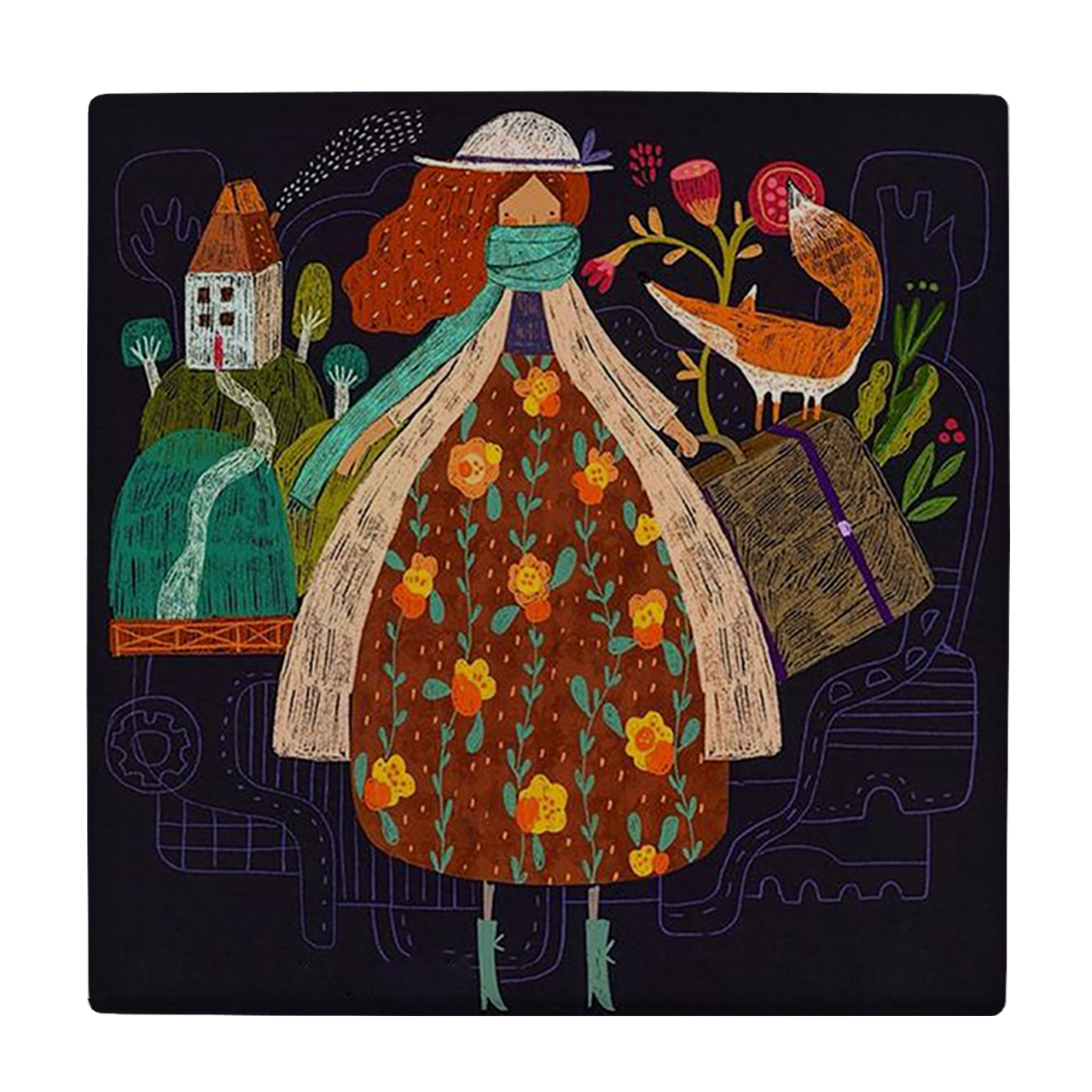 کاشی کارنیلا طرح بانوی مسافر و روباه مدل لوحی کد WKB867 