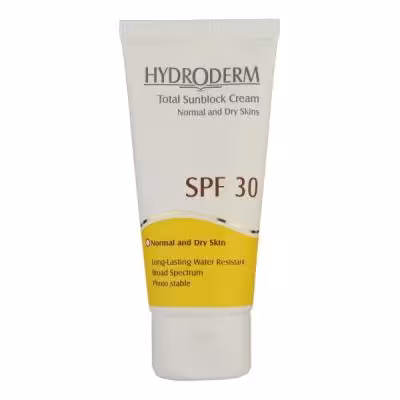 کرم ضد آفتاب بی‌رنگ هیدرودرم SPF30، مناسب پوست‌های نرمال و خشک، حجم 50 میلی‌لیتر