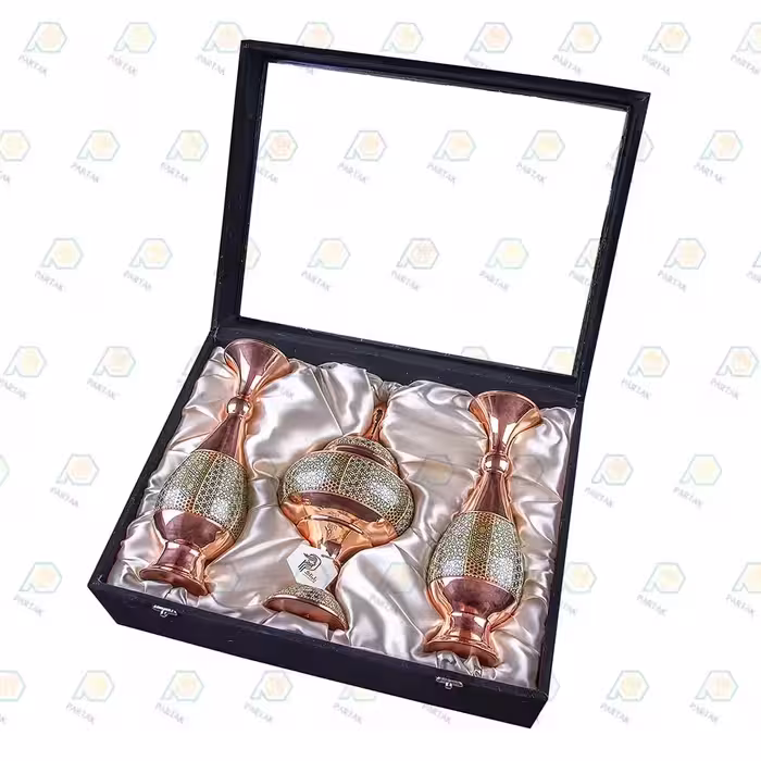 هدیه صنایع دستی ست گلدان و شکلات خوری مس و خاتم