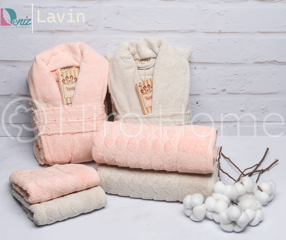 حوله ست دو نفره لاوین ونتو رنگ کرم و گلبهی