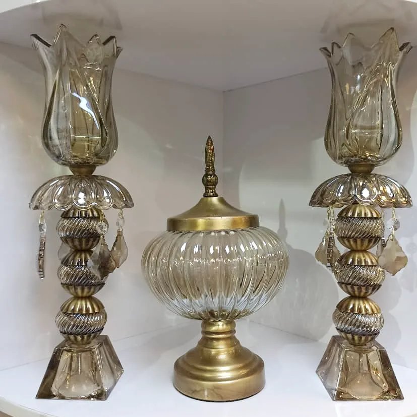 شمعدان لاله جفتی کریستال شامپاینی آویز دار  مناسب دکوری