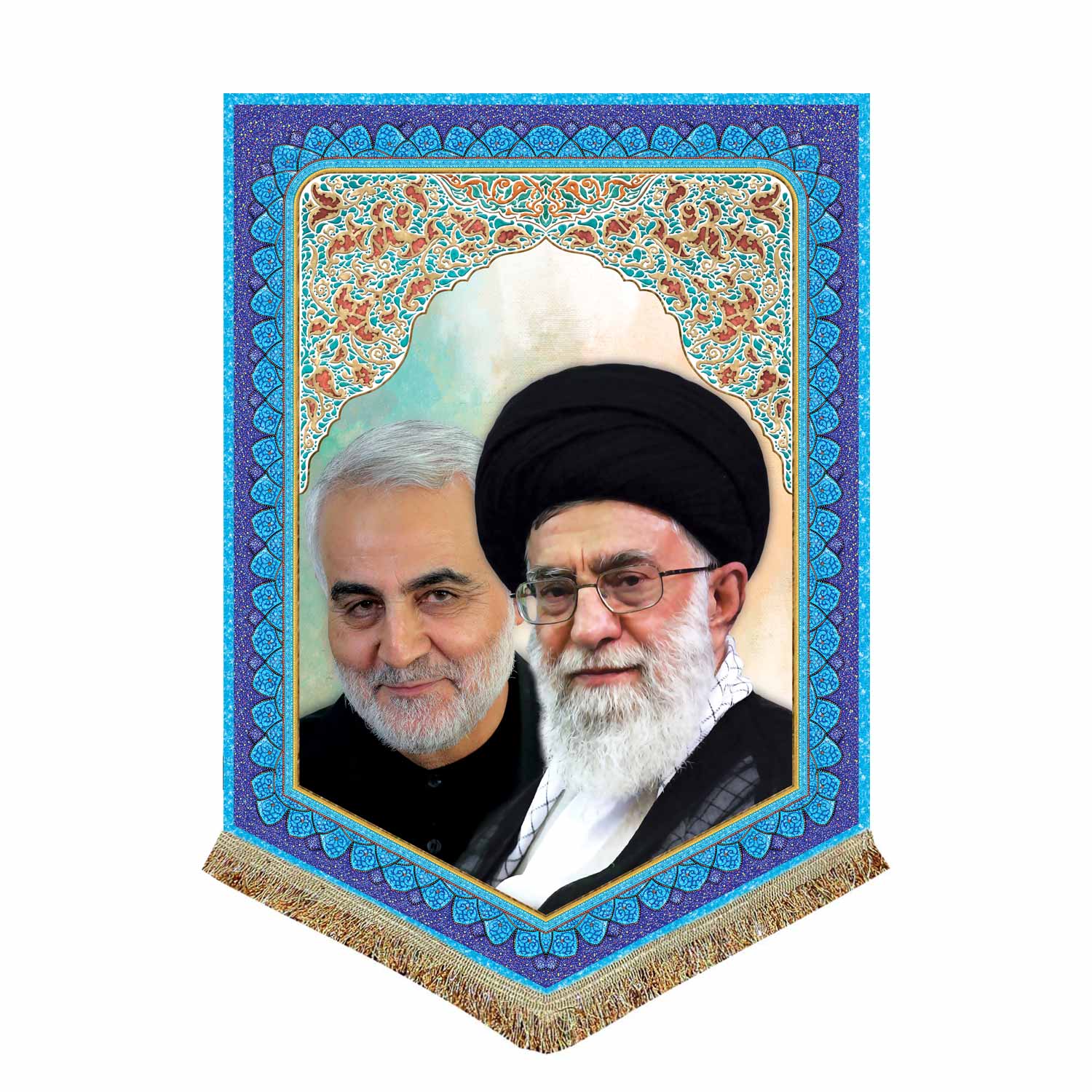 پرچم مدل مذهبی طرح رهبر انقلاب حضرت آیت الله خامنه ای و مدافع حرم حاج قاسم سلیمانی